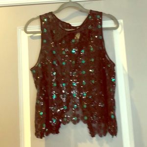 Free People Floral Sequin Top w/ Crochet Collar